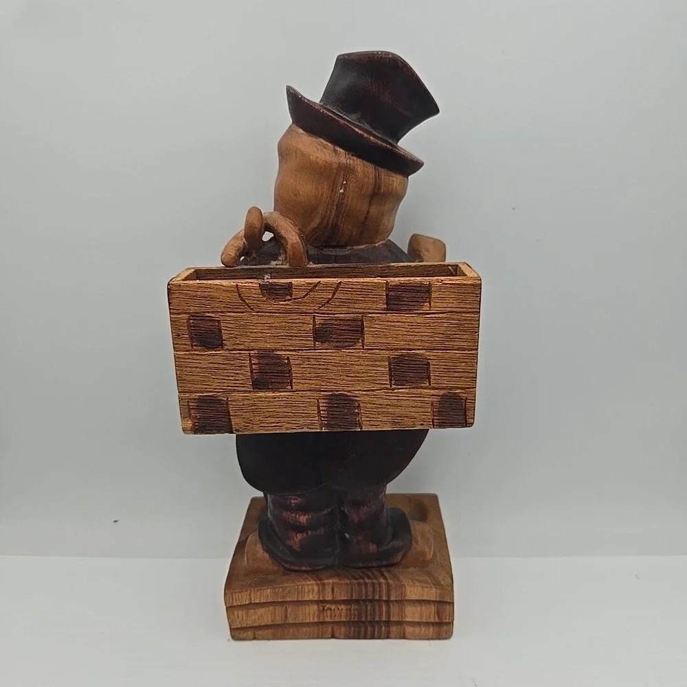 Vintage Carved Wooden Match/Toothpick Holder  Man w/Hat &‎ Cigar